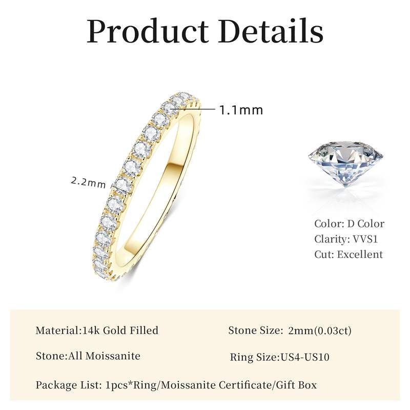 Lnngy 14k Gold Filled Wedding Band For Women Certified D Color VVS1 Lab Created 2mm Moissanite Eternity Ring Sparkling Jewelry