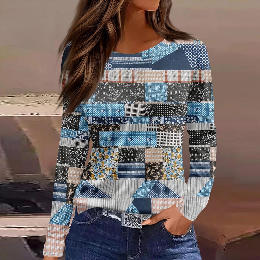 Damen Täglich Lässig Langärmlig Bedruckt O-Ausschnitt Oberteil