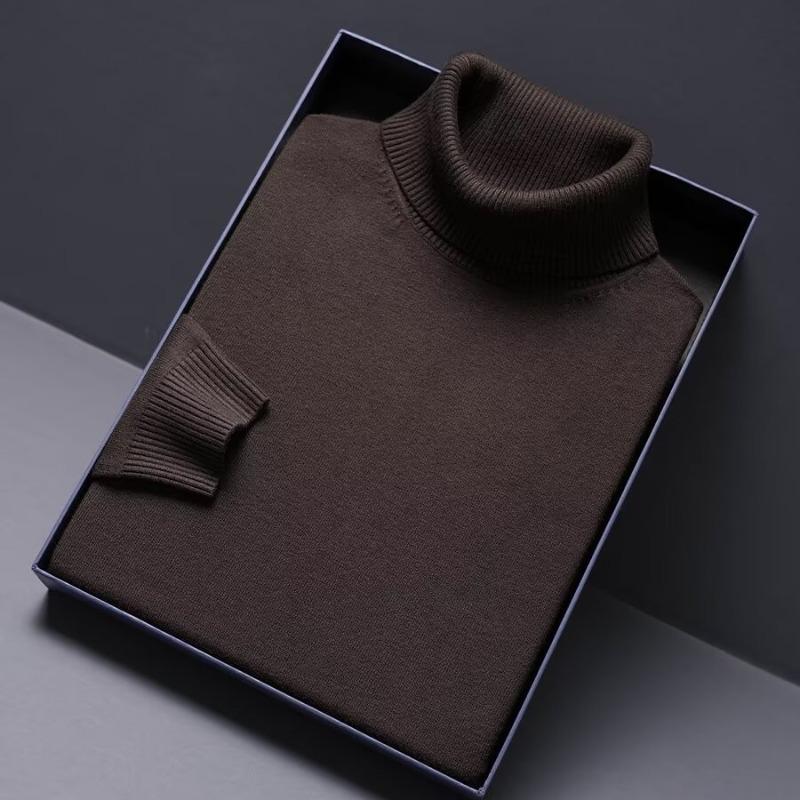Men's Slim Fit High Neck Solid Color Knit Pullover - Korean Style Winter Base Layer Sweater
