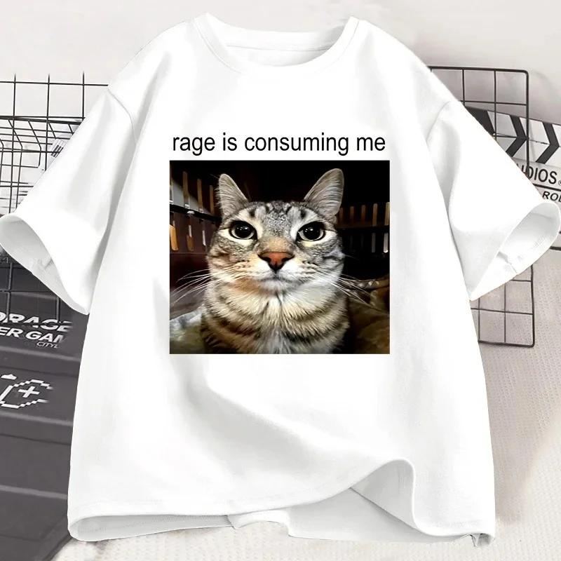 Rage Is Consuming Me Silly Staring Cat Tee Shirt Casual Short Sleeve Tshirts Cat Lover T Shirt Oversized