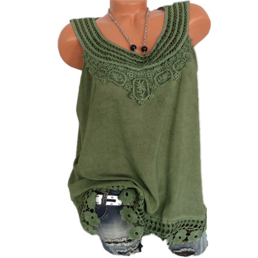 

Loose Womens Sleeveless Vest T Shirt Blouse Lady Boho Lace Tops Plus Size Army Green,4XL
