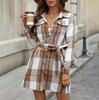 Spring Autumn Women Plaid Long Sleeved Belt Cardigan Dresses Turn-down Collar High Waist A-Line Middle Long Shirt Dress