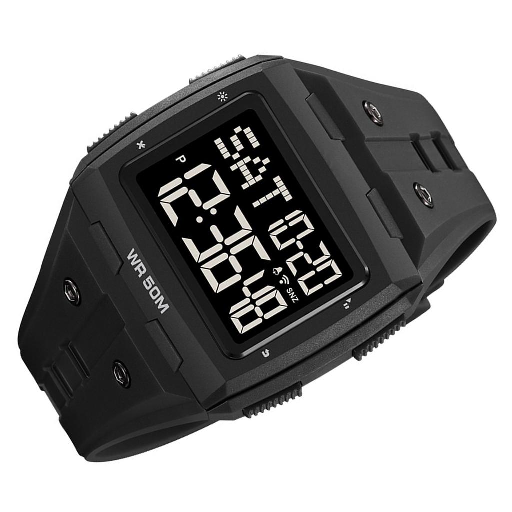 Digital Sports Watch Dual Time Display Night Light Adjustable TPR Band Outdoor Waterproof Watch for Men Women Black Silver