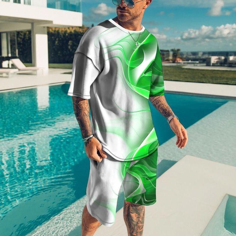 New Fashion T-shirt and Shorts Set Street Men's Clothing Men's Set 3D Short Sleeve Loose Casual Colorful Line Printing Suit