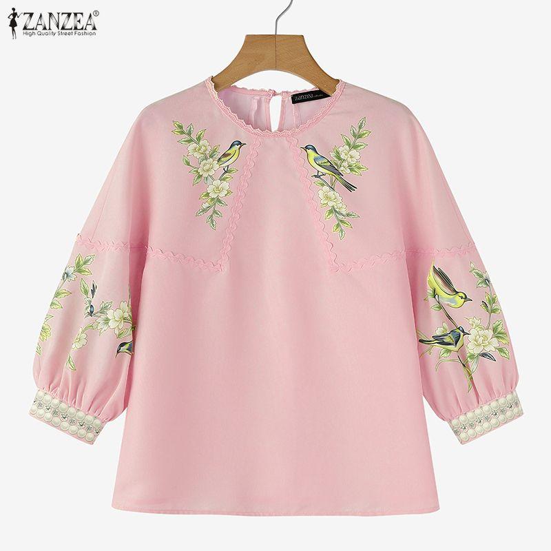 ZANZEA Women Lace Splice Round Neck 3/4 Sleeve Loose Print Blouse