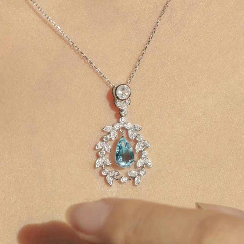 Vintage Wheat Ear Aquamarine Pendant Necklace - Classic, Light Luxury Women s Jewelry