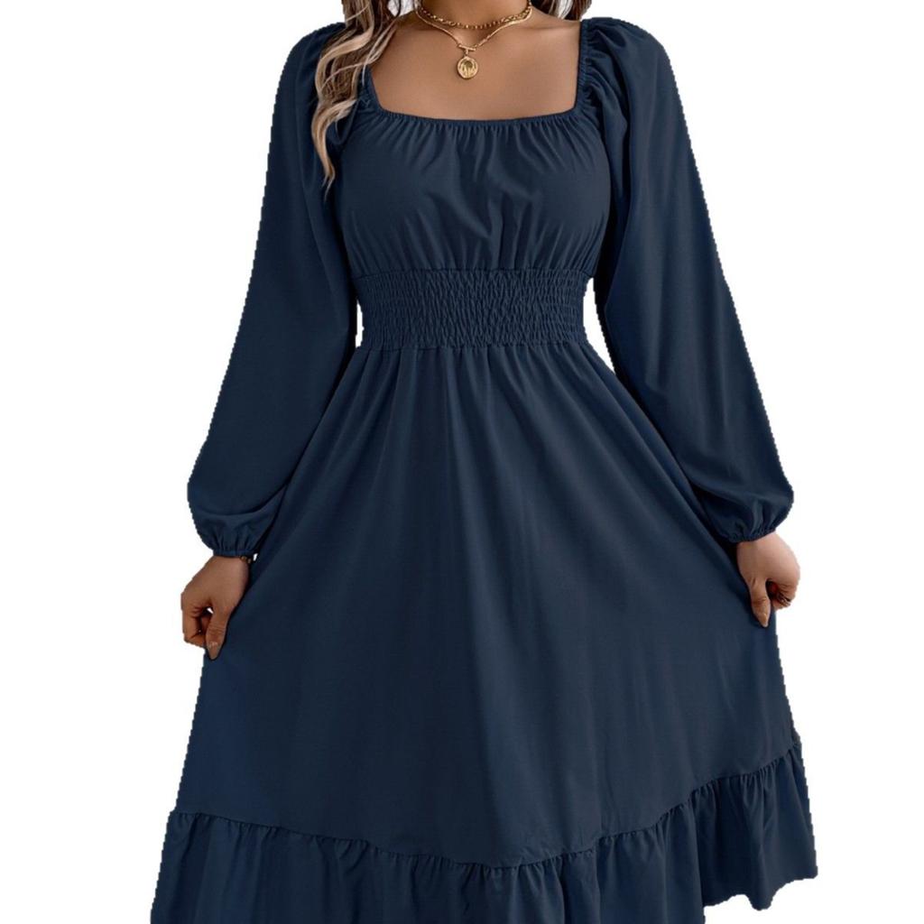 Autumn and Winter Casual Elegant Solid Color Round Neck Long Sleeved Waist Cinched Lotus Leaf Edge Dress Women Clothing