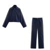 Women's Fashion Casual Patchwork Stripe Belt Denim Jacket and Pants Set