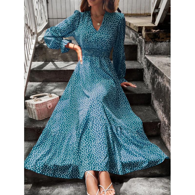 

Women s V-Neck Long Sleeve Polka Dot Maxi Dress, Flowy A-Line Swing Skirt, Casual Elegant Dress in Blue Green/Red/Pink S чорний