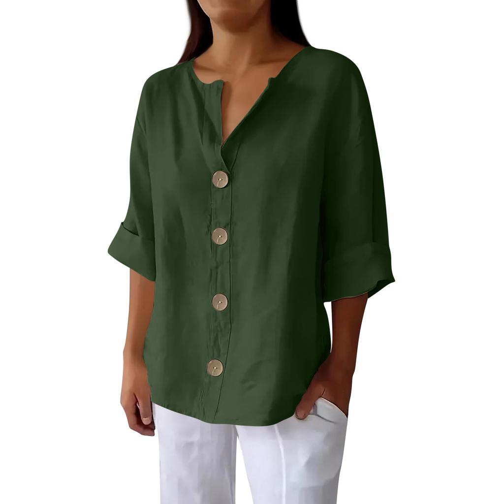 Women's Fashion Casual V-Neck Buttoned 3/4 Sleeve Cotton Linen Top