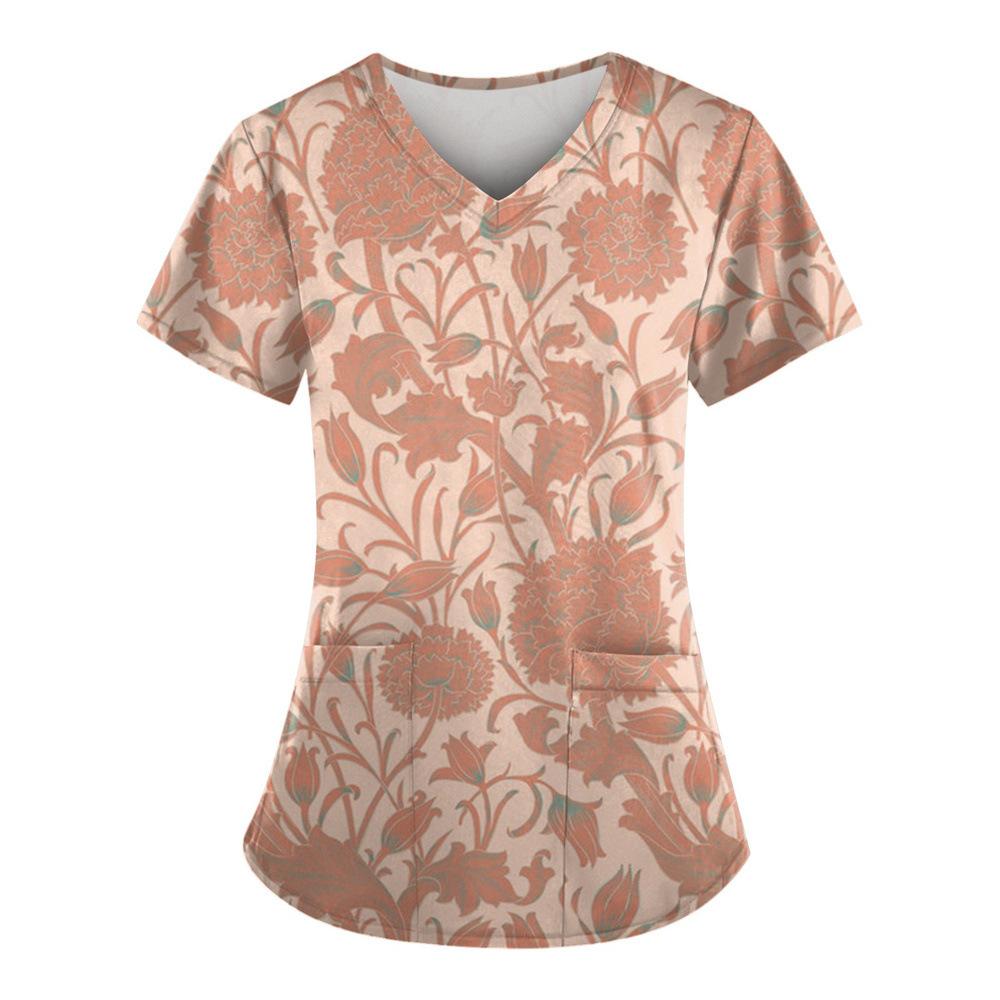 Willow Print Women's T-shirt V-neck Nurse Uniform Comfortable Short Sleeved Women's T-shirt