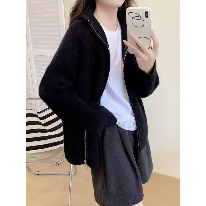 New Simple Temperament Stand-up Collar Double Zipper Knitted Cardigan Women's Shoulder-plugged Reverse Cover Long-sleeved Thick Coat