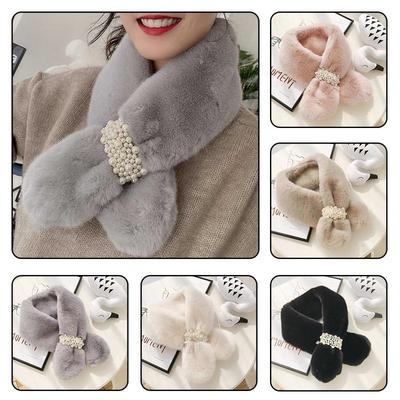 1Pc Fashion Pearl Buckle Women Cross Scarf Soft Plush Winter Warm Neck Warmer Elegant Faux Rabbit Fur Collar Ladies Snood Scarf