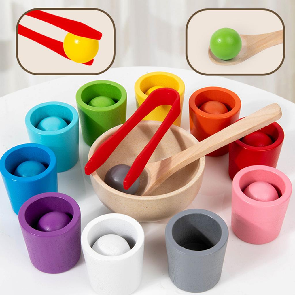 Rainbow Balls In Cups Wooden Matching Games Learning Color Sorting and Counting Wooden Cups and Balls Color Match Toy for Kids