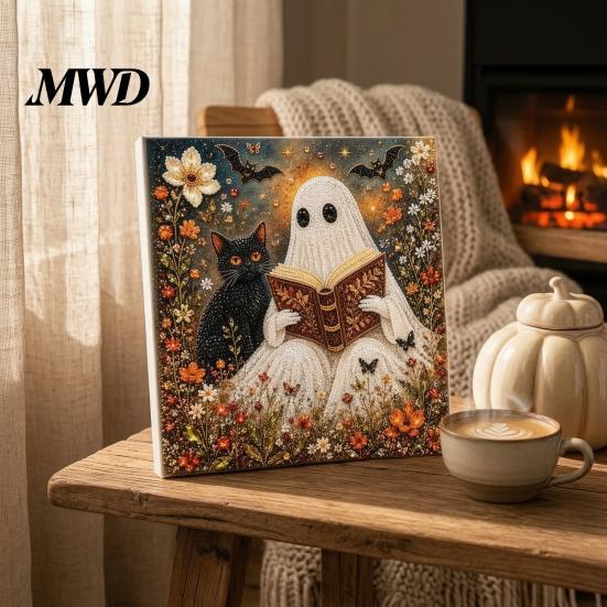 Pre Stretched Canvas Art Halloween Faux Pearl DIY Kit, Spooky Cute 3D Beads Painting Crafts Stress Relief Project for Adults Beginners, Seasonal Wall