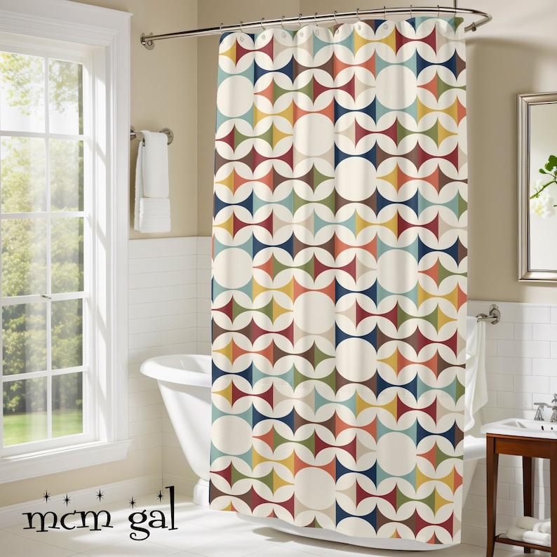 Jessica Chen Green/Brown/Beige Mid Century Modern Curtains, Retro Scandinavian Modern Danish Geometric Design, Yellow, Teal Shower Curtain