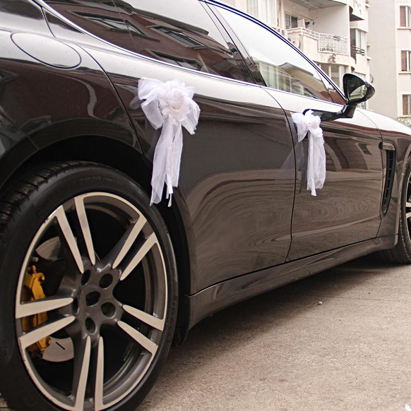 1Pair White High-quality Silk Ribbon Romantic Pearl Bud Party Decor Supplies Wedding Car Decoration Lace Flowers Chair Bow Tie