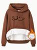 European Size Women's Fleece-Lined Hooded Sweatshirt with Smiling Print - Long Sleeve Kangaroo Pocket (Autumn/Winter)