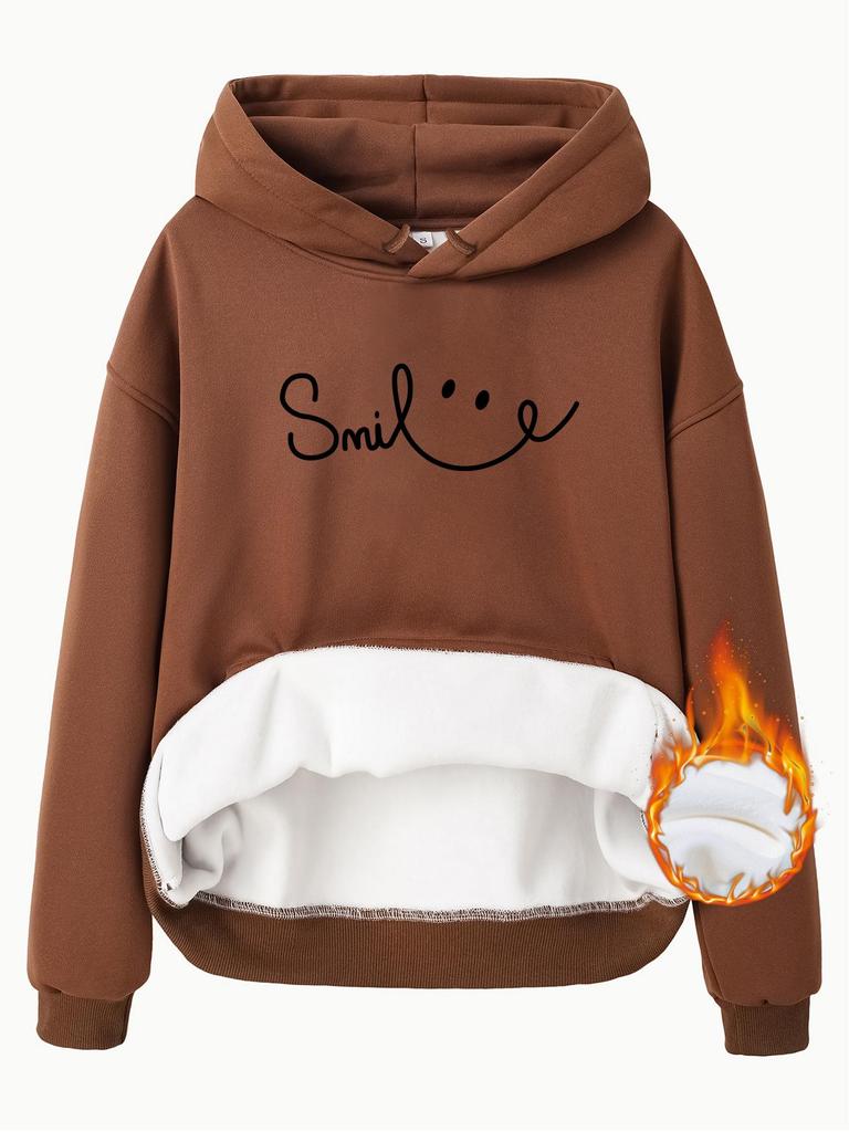 European Size Women's Fleece-Lined Hooded Sweatshirt with Smiling Print - Long Sleeve Kangaroo Pocket (Autumn/Winter)