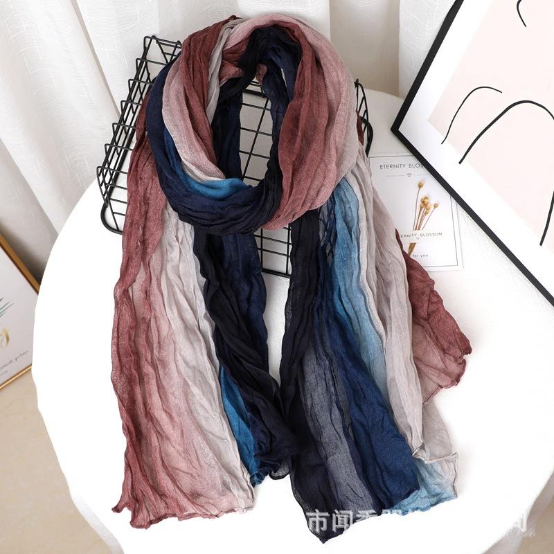 Contrast Color Cotton And Linen Wrinkled Scarf Female Literary And Artistic Fan Atmosphere Warm Silk Scarf Retro Gradual Change Color Scarf Shawl