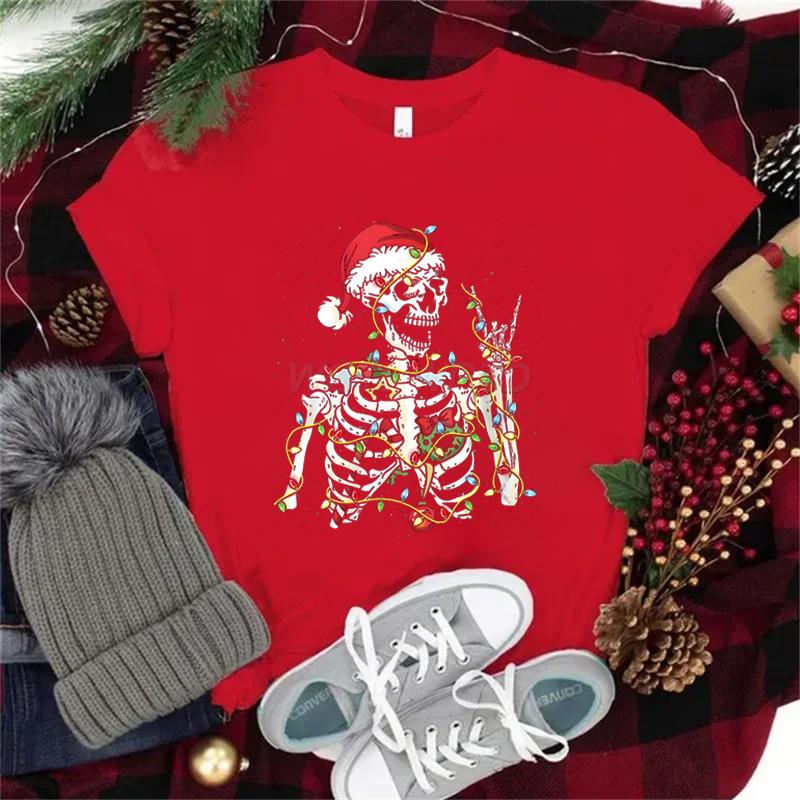 Christmas Santa Skull T Shirt Streetwear Unisexs Clothing Trendy Short Sleeve ONeck Tee Top Christmas Lights Skeleton Street Tees