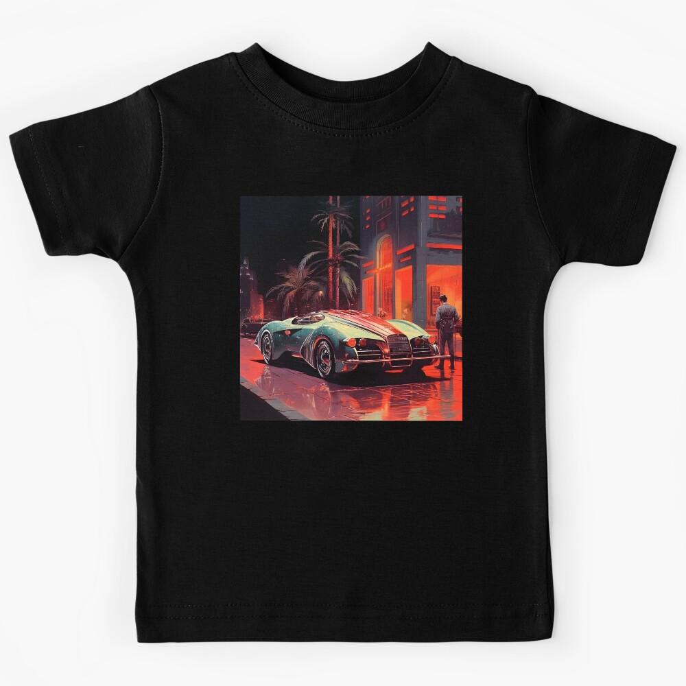 Retro Futuristic Sports Car and Night City Street with Plams Kids T-Shirt 120