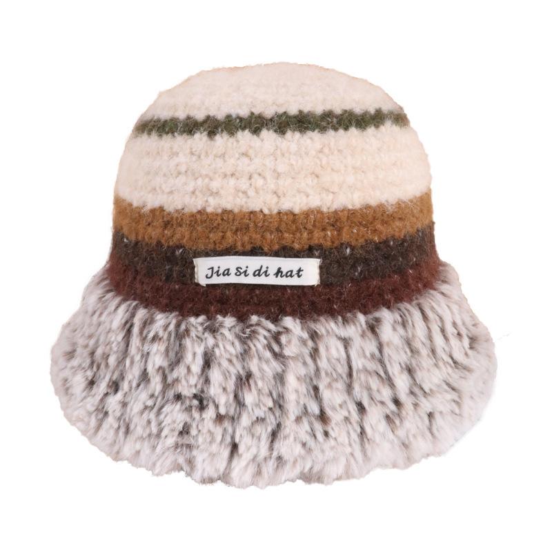 Autumn and Winter Rainbow Color Striped Ear Protector Wool Hat Women's Face Small Lace-up Contrasting Color Bag Head Knitted Hat