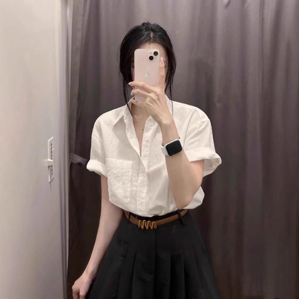 Green Cotton and Linen Front Shoulder Short-sleeved Shirt Women's Summer Thin Feel Super Good-looking Linen Shirt Polo Collar Top