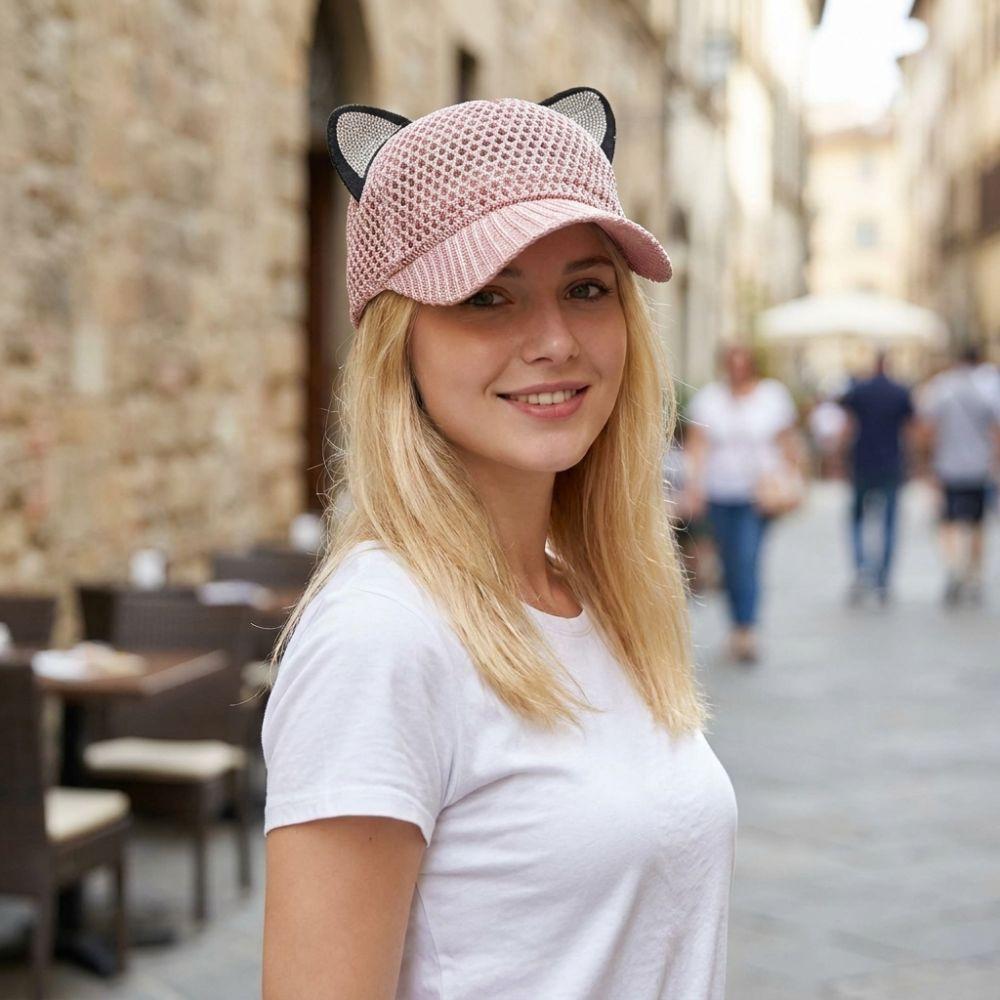 Cute Cat Ears Baseball Cap Hollow Design Diamond Decor Sun Hat Breathable Simple Peaked Cap Unisex Outdoor