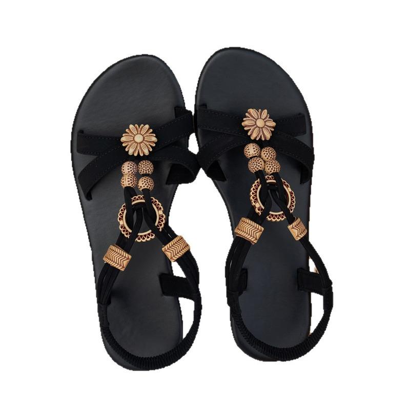 Ethnic Turmoil Bohemian Flat Sandals Women's Beaded Open-toe Shoes Roman Beach Flip-flops
