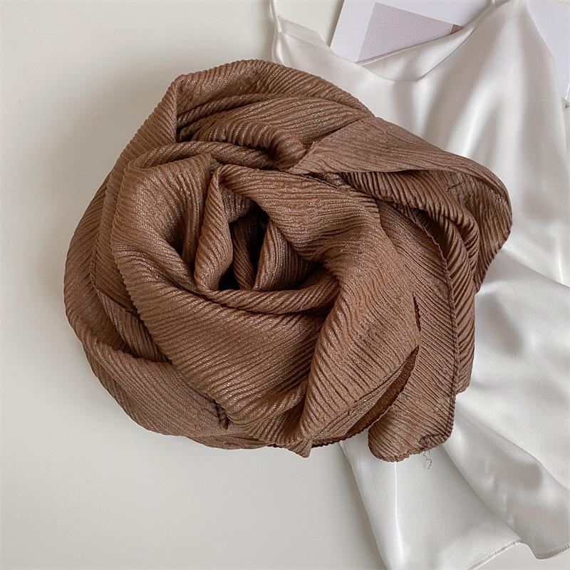 Japanese Pleated Solid Color Cotton and Linen Scarf for Women Retro Literary Travel Sun Protection Soft Gauze Shawl Contrasting Edge Scarf