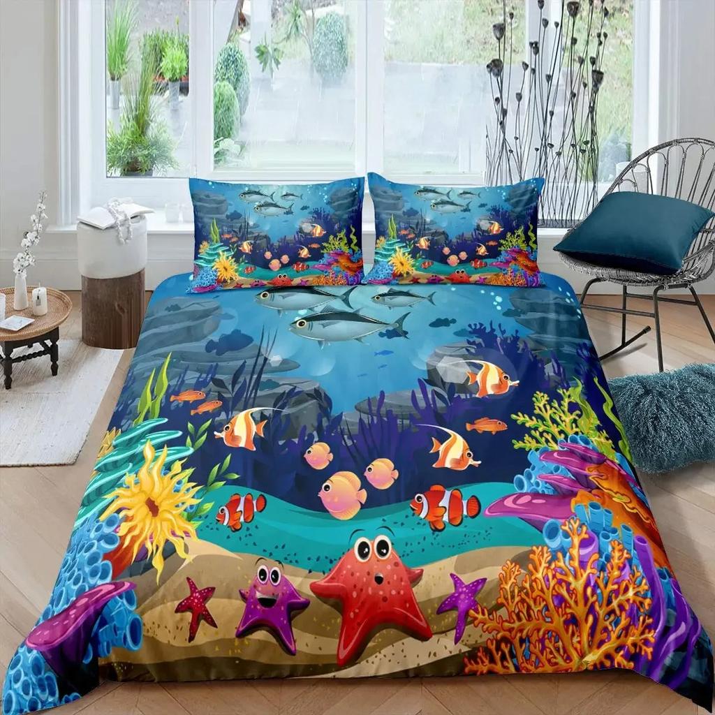 Cartoon Octopus Bedding Set KingQueen Size,Ocean Underwater World Duvet Cover Kids Sea Coral Fish Polyester Quilt Cover