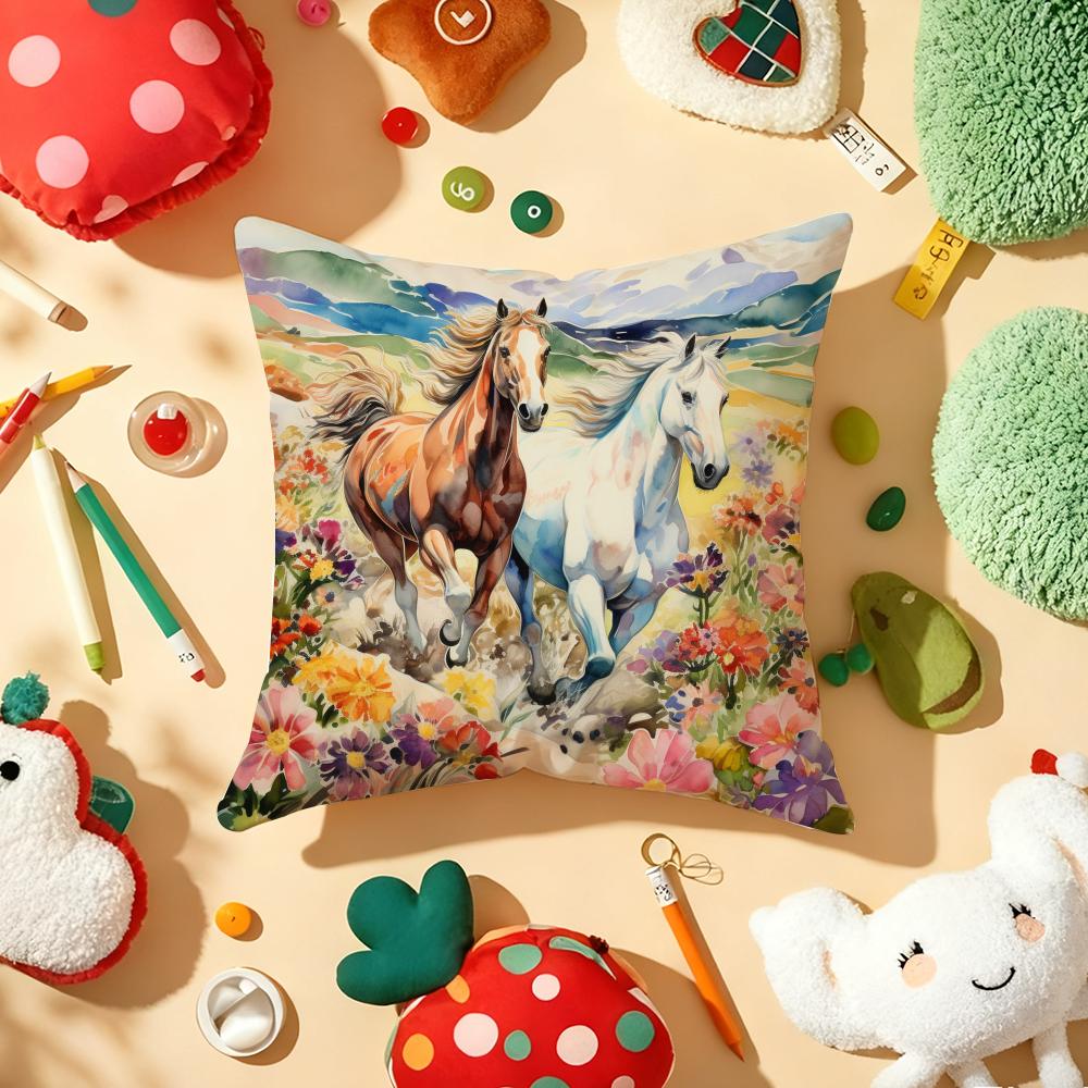Oil Painting Horse Cushion Cover Plush Fabric Soft Double-Sided Printed Sofa Warm Winter Home Gift Pillow Cover
