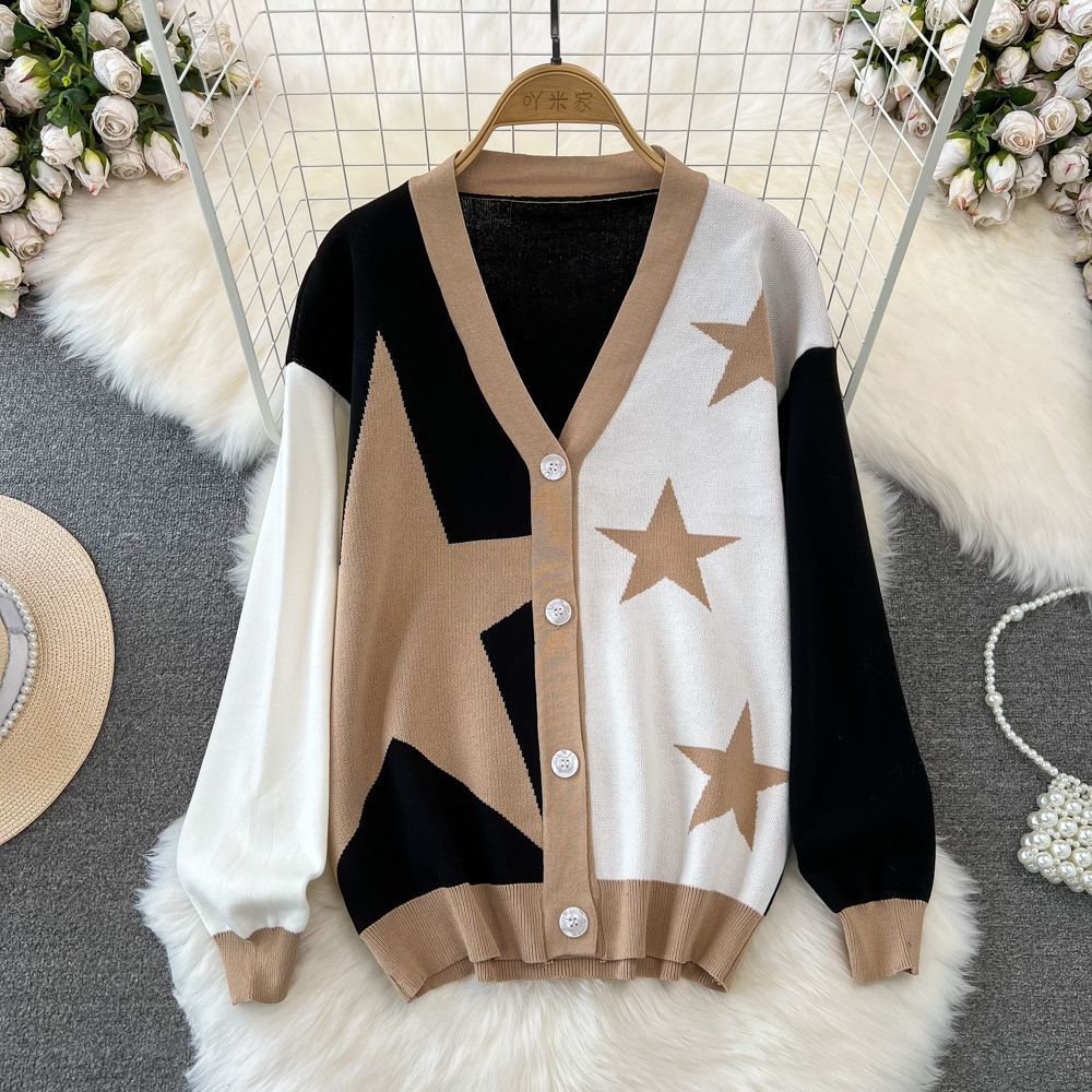 Fashion Suit for Women, Like Long-sleeved V-neck Single-breasted Knitted Jacquard Jacket, Two-piece Set of High-waisted and Thin Wide-leg Pants.
