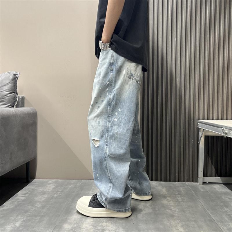 Ink splashing ripped straight loose wide-leg jeans men's spring and autumn trendy brand ruffian handsome American high street retro men's trousers