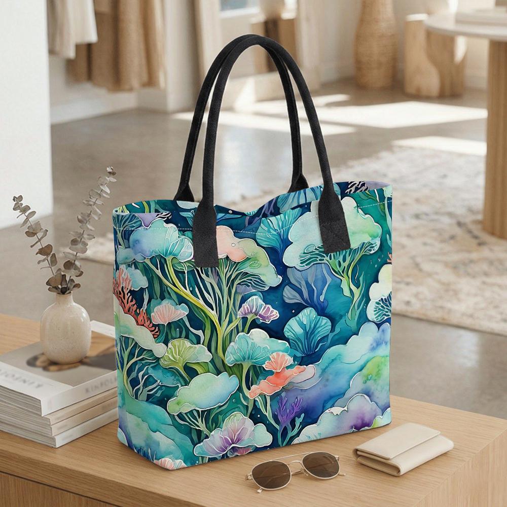 Watercolor Marine Plants Tote Bag Fashion Casual Large Capacity Daily Outdoor Shopping Shoulder Bag
