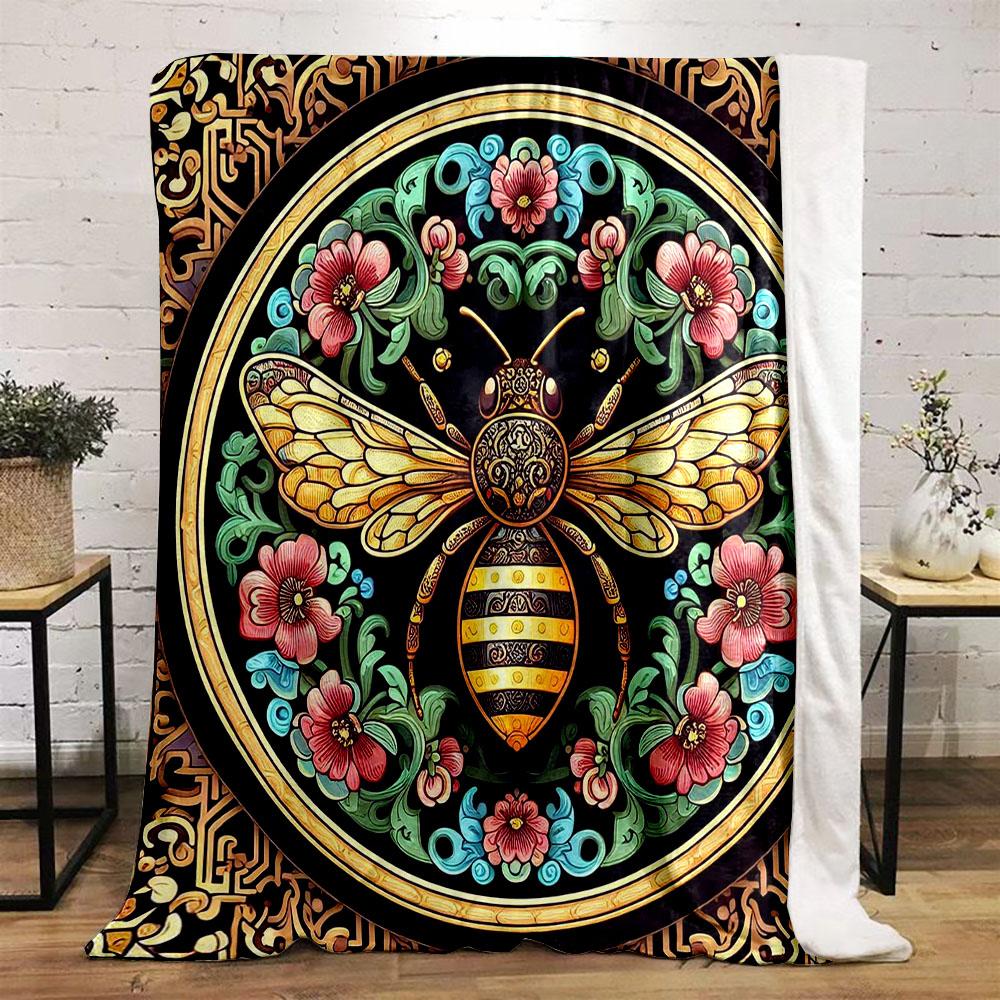 Ornate Bee and Floral Pattern Design Patterned flannel blanket perfect for the bedroom living room, sofa, or a little nap