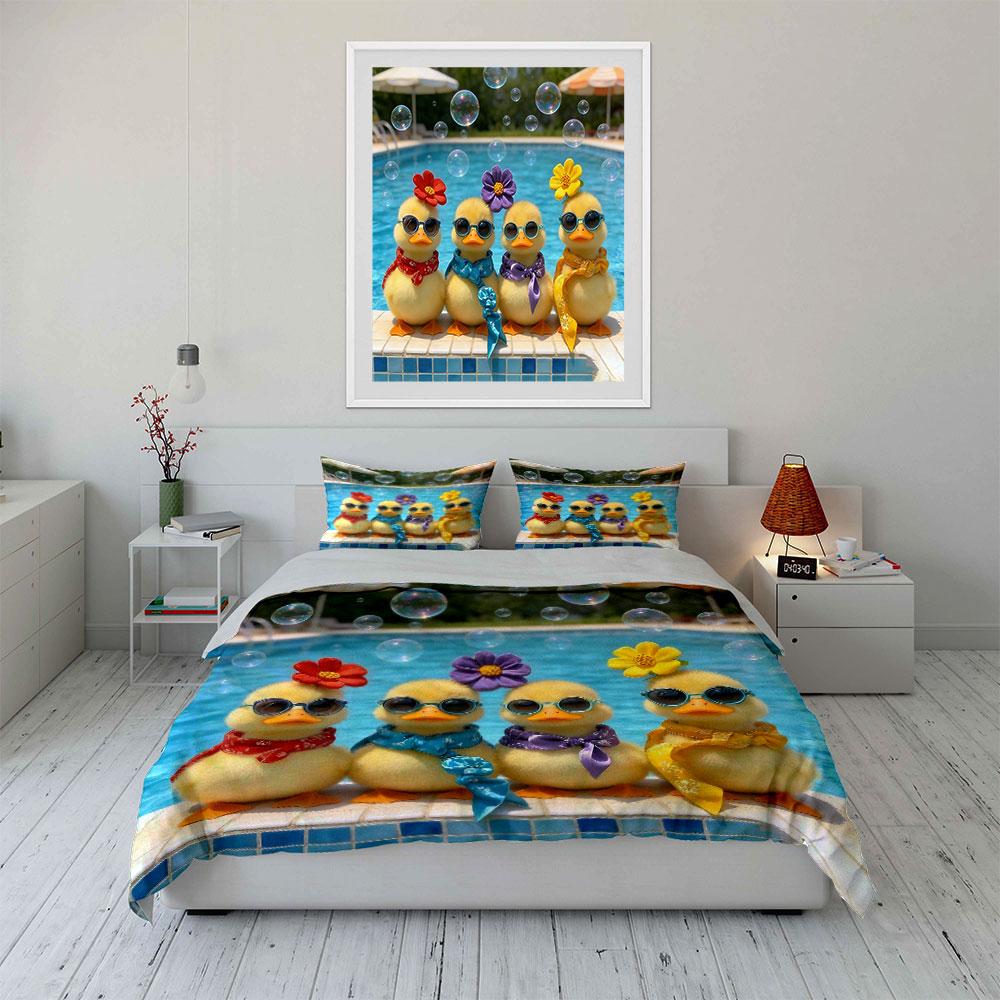 Poolside Duck Figurine Set Soft Comfortable Duvet Cover Bedding Set Included 1*Duvet Cover & 2*Pillowcases, Gift