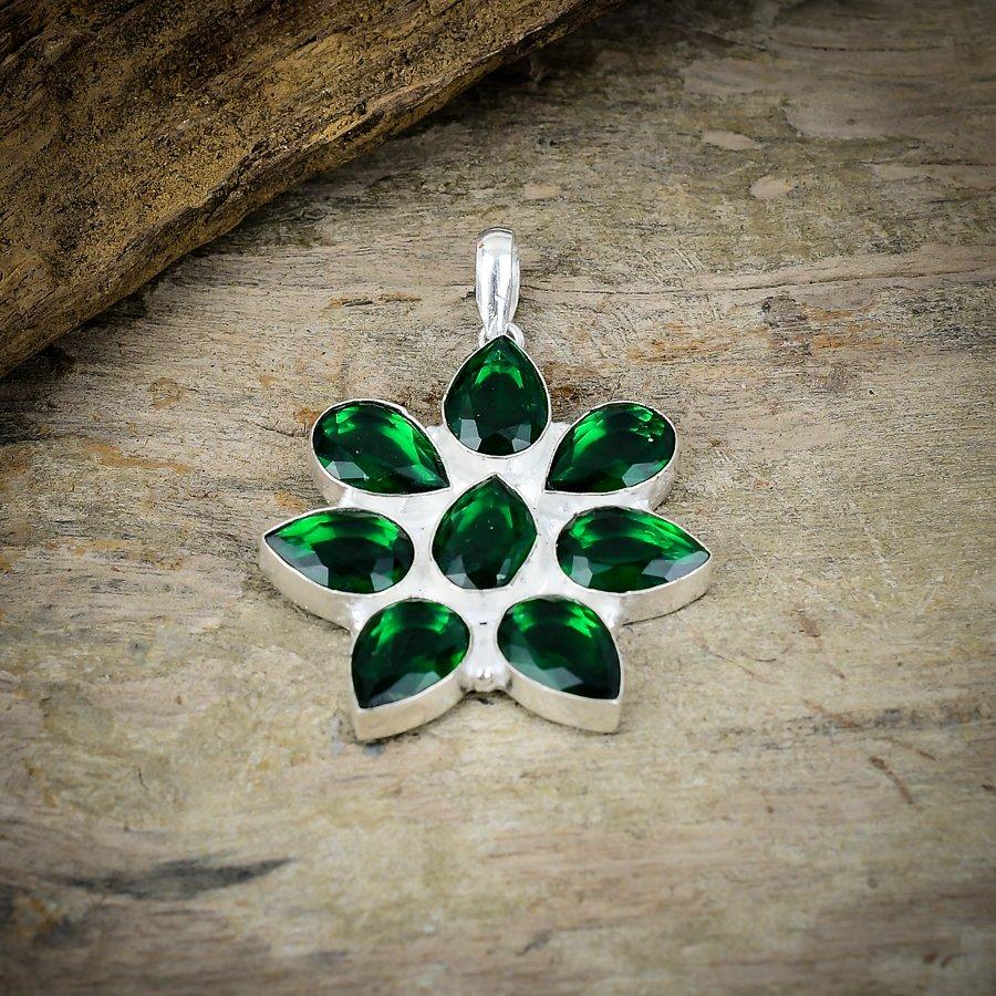 Chrome Diopside Gemstone Handmade 925 Sterling Silver Jewelry Pendant 1.97" M-91