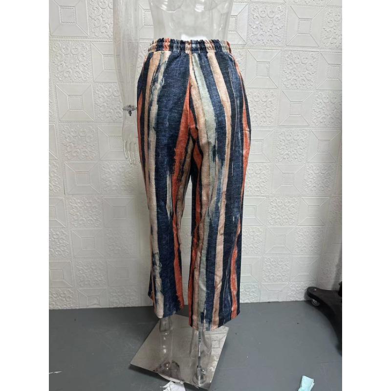 Calças Harem Estampadas às Riscas, Calças Casuais Soltas com Cintura Elástica, Calças com Cintura Elástica, Diárias, Roupa Feminina