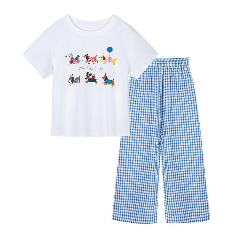 Girls' Summer Cartoon Print Short Sleeve & Plaid Wide-Leg Pants Set
