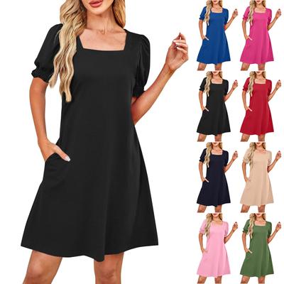 Vestido Casual de Moda para Mujer con Cuello Cuadrado, Colorido y Manga Corta