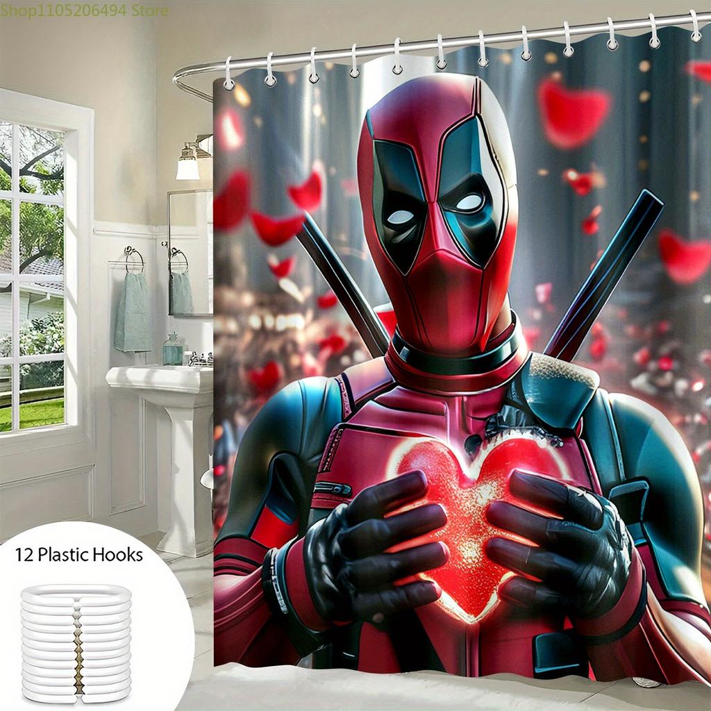1 szt. Zasłona prysznicowa Marvel Deadpool - Oficjalny wzór Marvel Deadpool z czerwonymi sercami, Zasłona dekoracyjna do łazienki z haczykami do Ba