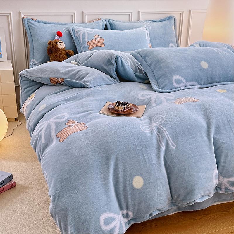 Thickened Milk Fleece Printing Four-Piece Set, Fleece Warm Coral Fleece Skin-Friendly Student Dormitory