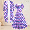 Women Plus Size Geometric Printed Two Piece Set Square Neck Short Sleeve Tie Waist Flared Dress And Three Quarter Sleeve Cardigan