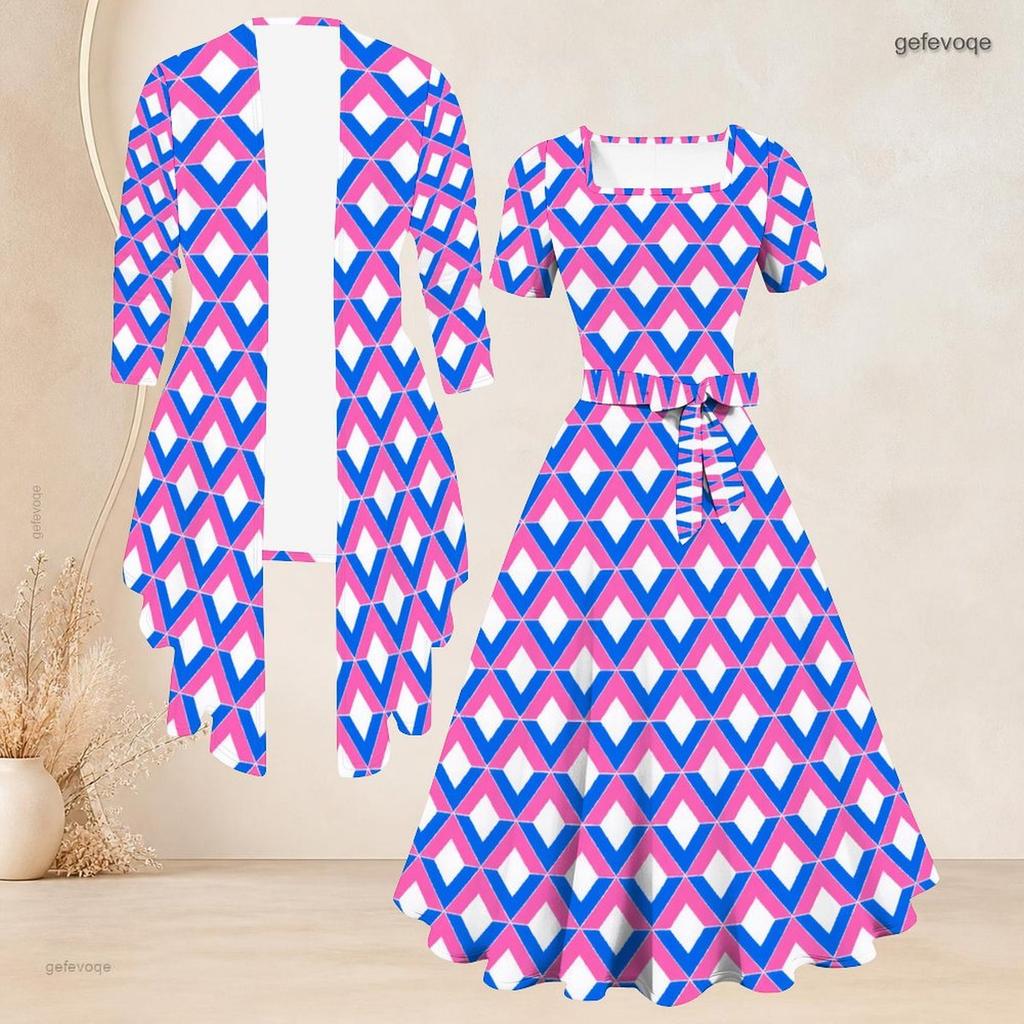 Women Plus Size Geometric Printed Two Piece Set Square Neck Short Sleeve Tie Waist Flared Dress And Three Quarter Sleeve Cardigan