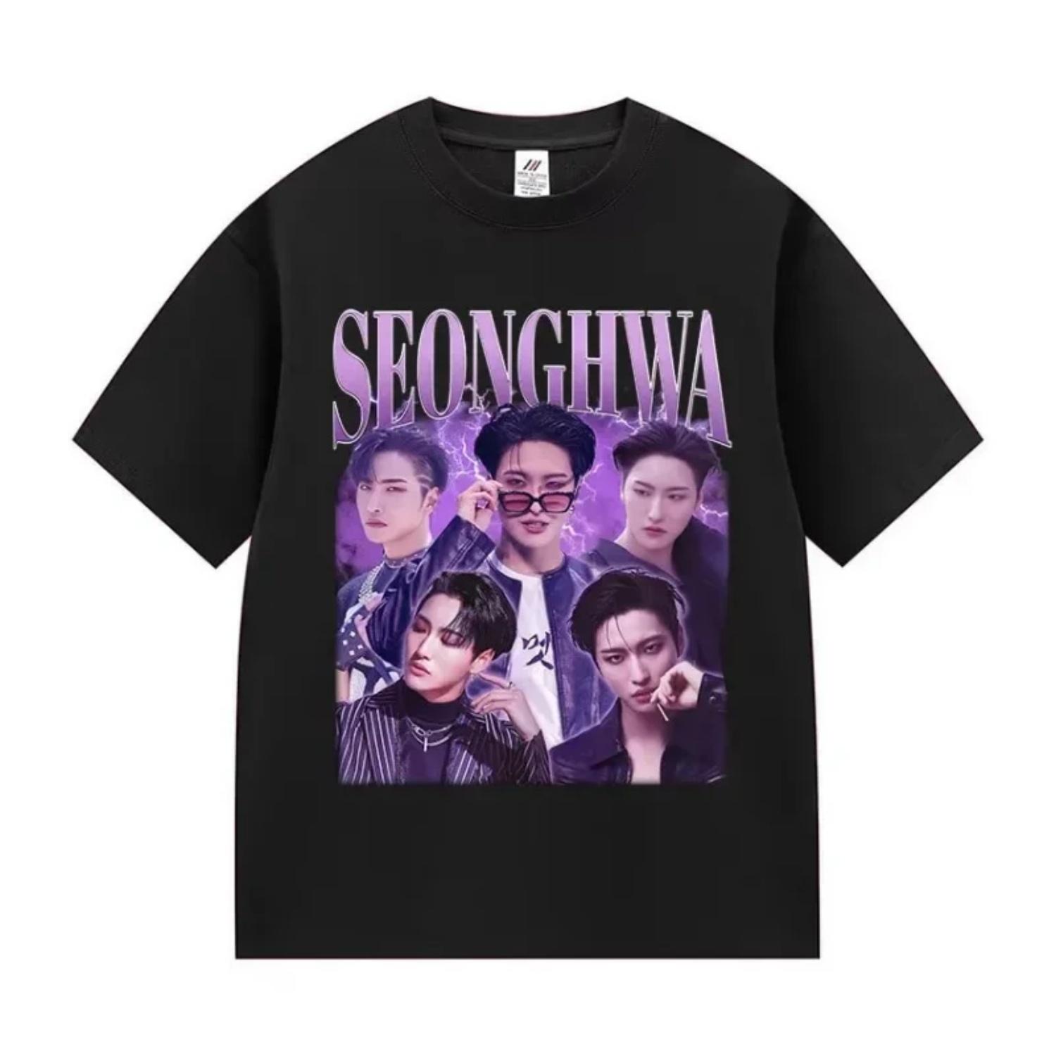 Korean Ateez Seonghwa World Tour 2025 T Shirt   RetroShort Sleeve T-shirts Hip Hop Loose Kpop T-shirt Streetwear S чёрный