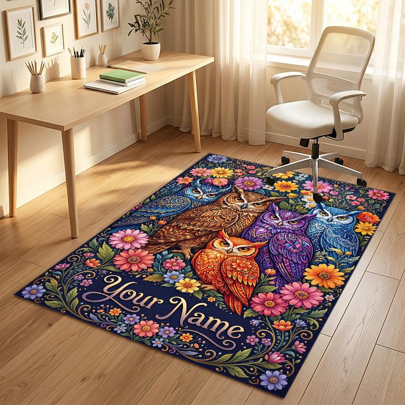 Colorful Owls Theme Soft Crystal Velvet Rug Custom Name & Text Print Non Slip Floor Rug for Bedroom Living Room