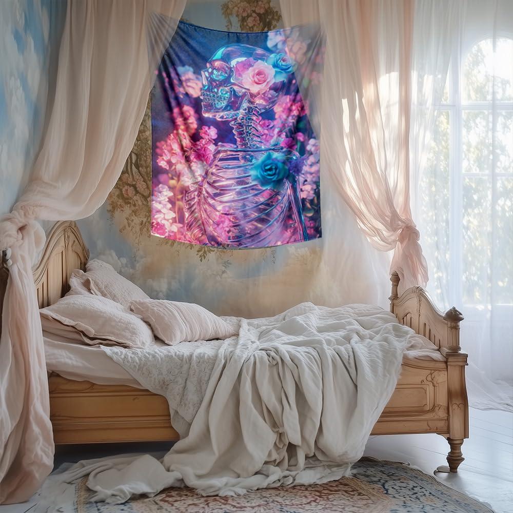 VIKAMA Illuminated Floral Skull Tapestry Girls Bedroom Wall Hanging Guesthouse Living Room Dormitory Tapestry Home Decor