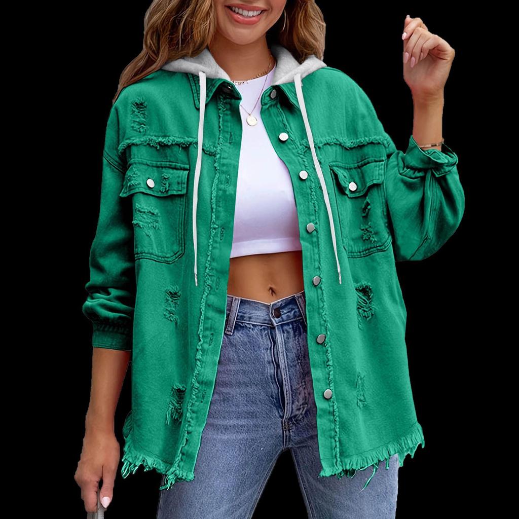 Neue Jeans-Kapuzenjacke, Damen-Einfarbige Lockere Jacke, Gerissene Langarm-Jeanshemd für Damen